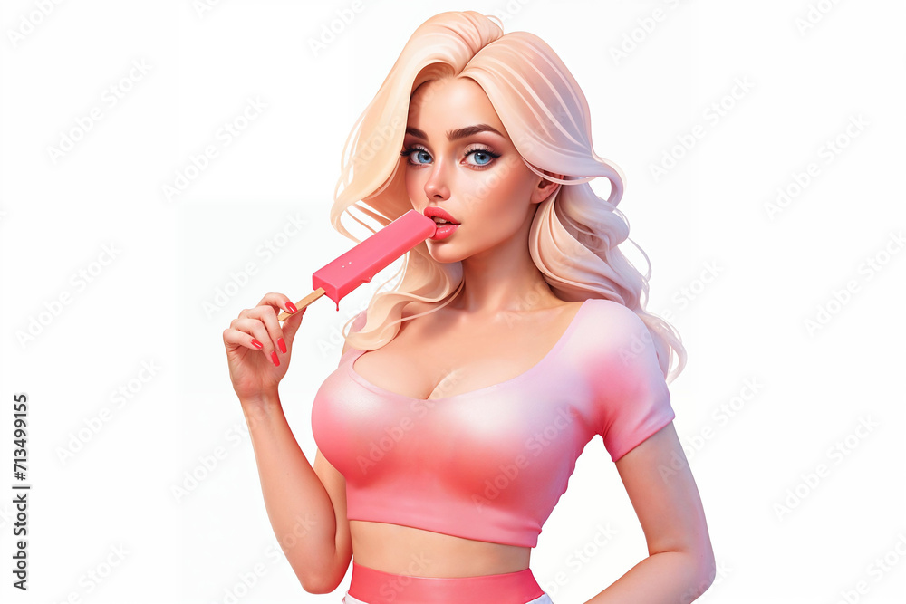 Attractive young, sensual woman with trendy makeup and blonde hair, playfully enjoying a pink popsicle, symbolizing flirtatious summer vibes and sweet indulgence. Attractive young, sensual woman with trendy makeup and blonde hair, playfully enjoying a pink popsicle, symbolizing flirtatious summer vibes and sweet indulgence.