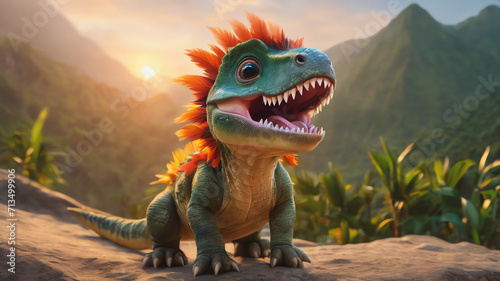 an adorable and baby dinosaur with big color eyes, roaring on the top of a mountain with jungle in the background, with soft feathers, sunset Beautiful , with blur background, high quality, 8k © Muhammad