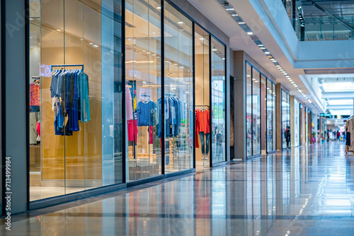Contemporary clothing boutique inside a bright shopping mall  showcasing a modern and clean interior with glass facade  retail store displaying trendy casual outfits