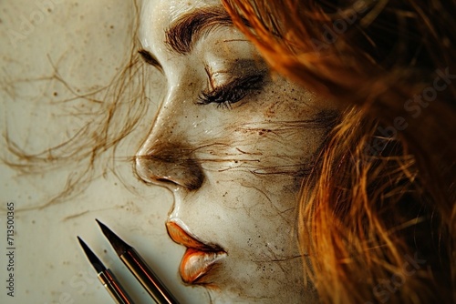 The drawings with dry ground coffee on glass were beautiful, in the style of a woman's portrait, golden light, light grey, pensive poses, smoky background, light orange and light black, light and shad