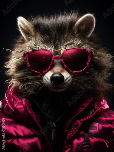 T-shirt design, hot pink raccoon, fuzzy, cute, portrait, 3d render, ray tracing created with Generative Ai