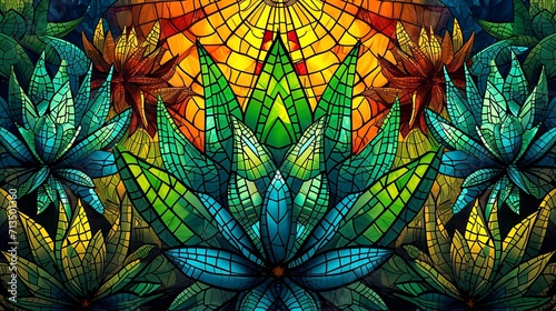 Stained glass window background with colorful Leaf abstract.