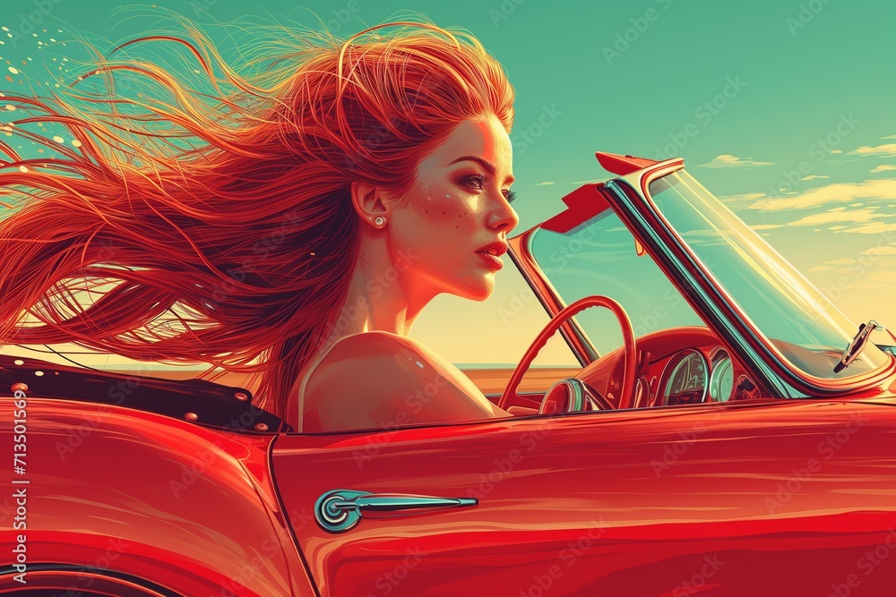 beautiful red-haired woman with long hair is driving a red expensive car