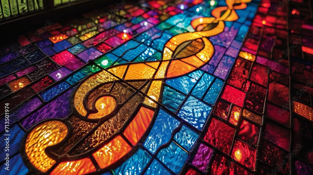 Stained glass window background with colorful Music note abstract.