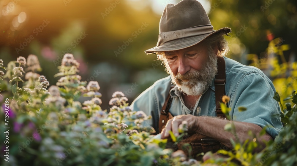 Gentleman Gardener Tending to Garden Flowers at Dusk Gentleman Gardener Tending to Garden Flowers at Dusk