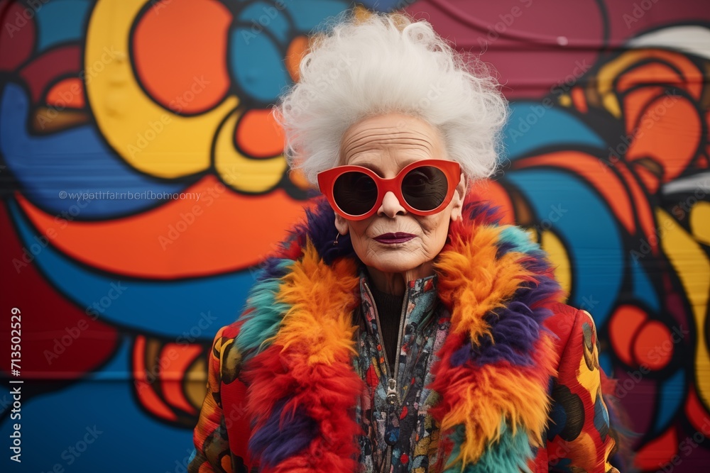 Fashionable elderly woman in sunglasses and fur coat on graffiti wall background Fashionable elderly woman in sunglasses and fur coat on graffiti wall background