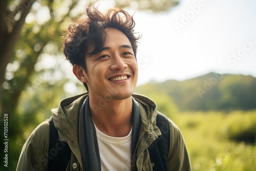 Handsome young man looking at camera and smiling outdoors photo