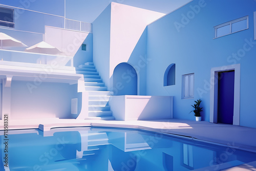 Mediterranean building with parasols and pool in radiant blue and pink light. Calming and relaxing mediterranean inspired peaceful retreat.