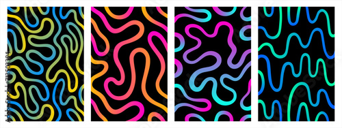 Twisted lines, fluid, curved, wiggling stripes vector backgrounds set. Liquid chaotic ornaments, colorful gradient waves patterns collection. Doodle, uneven hand drawn wavy, organic winding lines photo