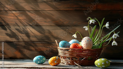 Easter colored eggs in a basket on a wooden table near a wooden wall, snowdrops lie, rustic style, copy space, happy Easter