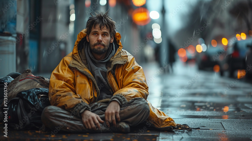 Young weather beaten homeless man wearing a yellow jacket and sitting on side of the road at rainy day, Young weather beaten homeless man wearing a yellow jacket and sitting on side of the road at rainy day,
