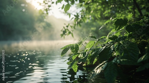 Step into the enchanting world of a 3D river landscape  featuring a detailed green leaf in the foreground and a misty background that enhances the ethereal and serene atmosphere.