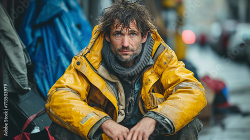 Young weather beaten homeless man wearing a yellow jacket and sitting on side of the road at rainy day, 