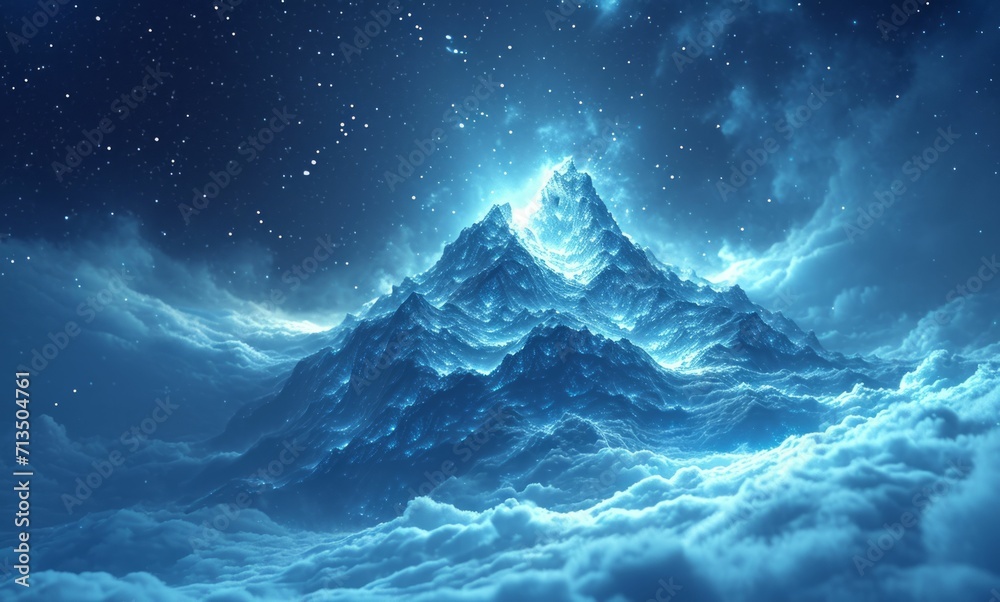 a snowy mountain on a glowing light, in the style of quantum wavetracing