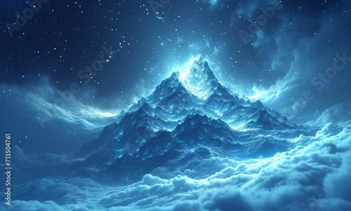 a snowy mountain on a glowing light, in the style of quantum wavetracing