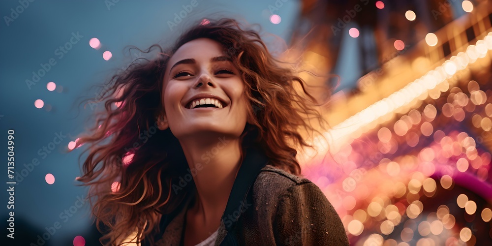 Joyful woman with sparkling background lights enjoying a festive night out. a moment of happiness captured. AI Joyful woman with sparkling background lights enjoying a festive night out. a moment of happiness captured. AI