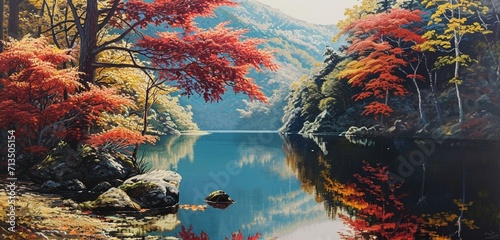 Summer's embrace in a Japanese mountain landscape, where colorful trees fringe the edges of a calm and reflective lake. photo