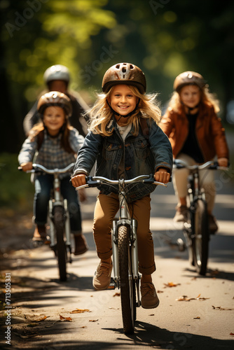 Children cycling together in a park or along a scenic trail. © tynza
