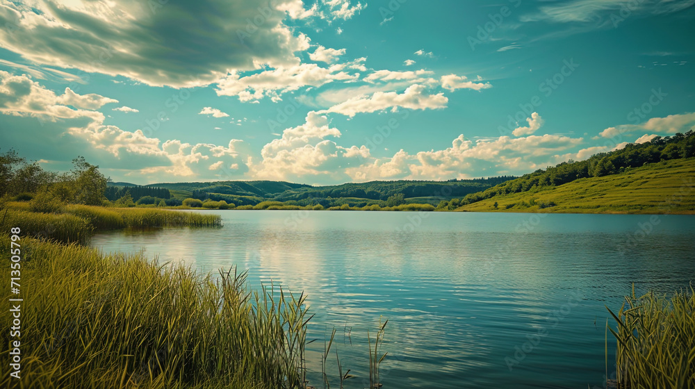 A photograph of a beautiful lake conveys a feeling of endless spaciousness, as if water is spread