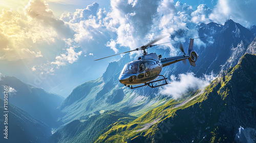 A helicopter, like a predatory bird, rushes along the mountains, striving for new horizons in heav photo