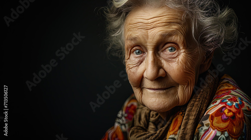 A portrait of an older woman with a smile, as if she reveals the secret of a long and rich life, f