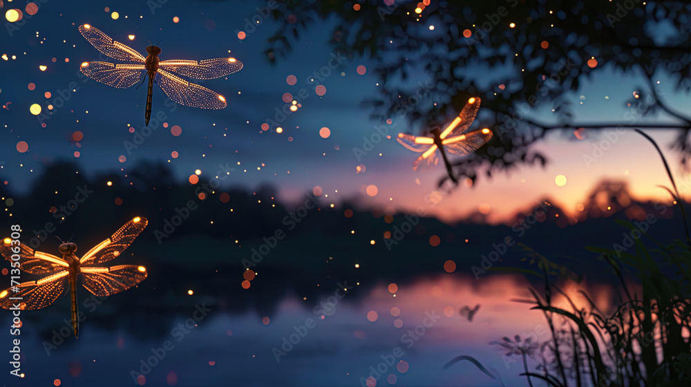 Dragonflies of light fly into the midnight sky, giving a dark night their unique light accent Dragonflies of light fly into the midnight sky, giving a dark night their unique light accent