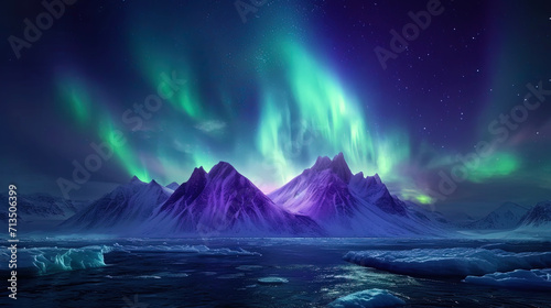 Green and purple shades of the light of the northern radiance framed the polar peaks, like a light