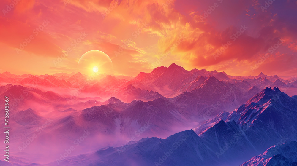 Mountains shrouded in an orangepink aura, like a gate into the mystical world of sunset, full of m