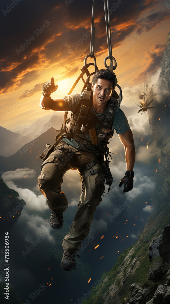 Fototapeta premium Climber hanging on climbing equipment on a mountain landscape.