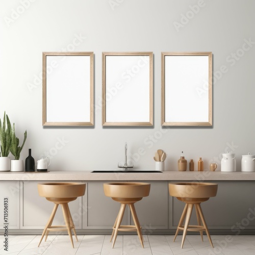 Kitchen With Three Stools and Pictures on the Wall