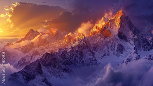 Mountains illuminated by the last rays of the Sun  like the magnificent guards of nature  covered