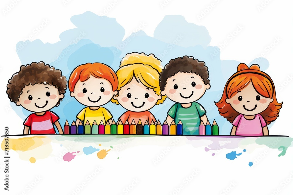 Children Standing in Front of Colored Crayons Children Standing in Front of Colored Crayons