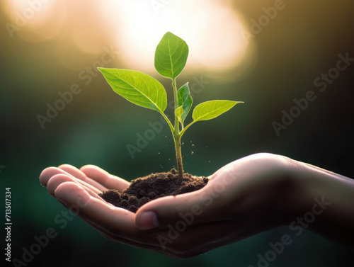 Hand holding a sprouting green plant