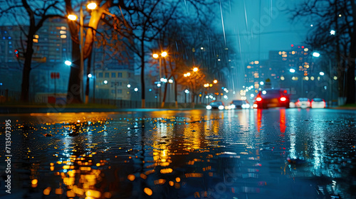 The city panorama in the reflection of wet asphalt recalls the magic of nightly time