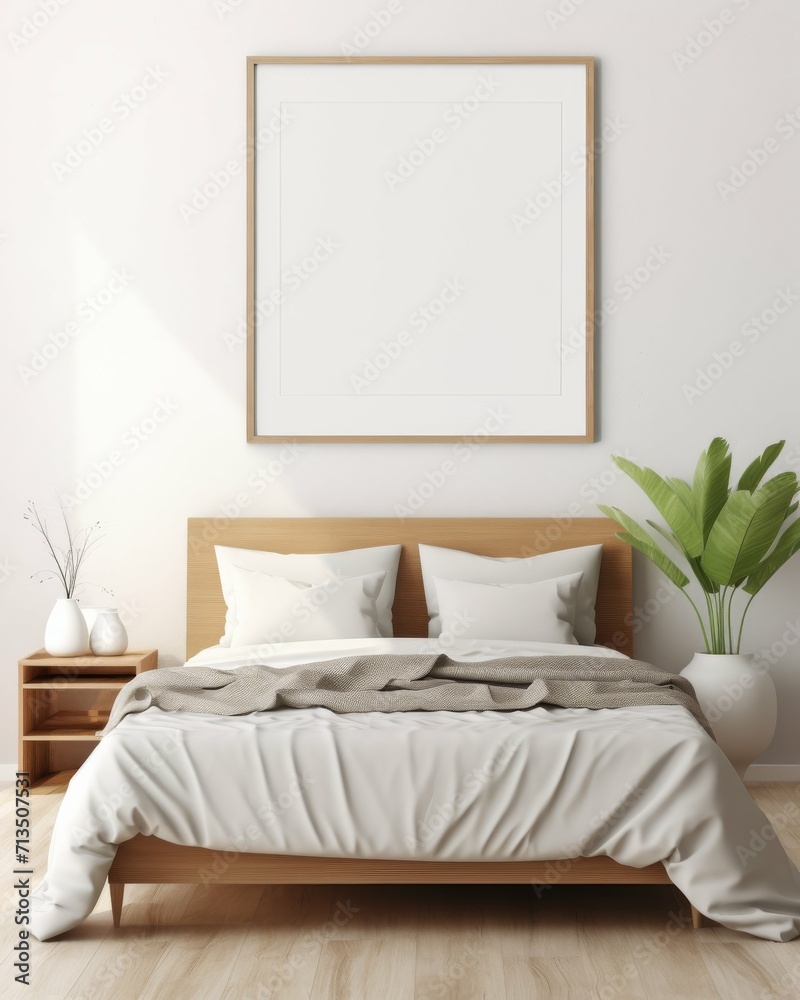 Naklejka premium Bedroom With Bed and Corner Plant