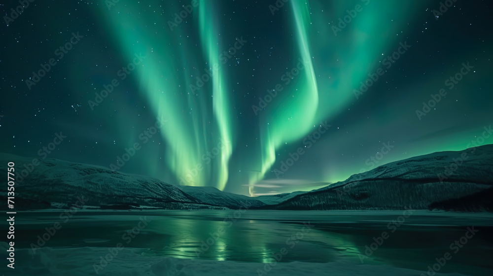 The light lines of the northern lights are intertwined in heaven, creating a phantasmagoric patter