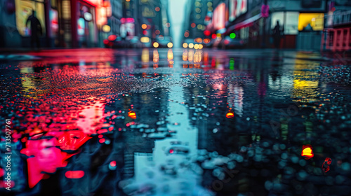 The light points of the city are reflected in puddles, creating colorful illusions on the wet surf photo