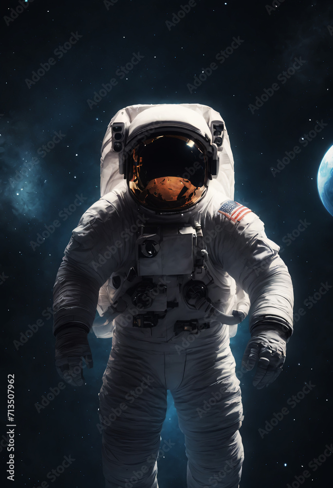 astronaut close-up in space around the planet.digital space art. Ai 