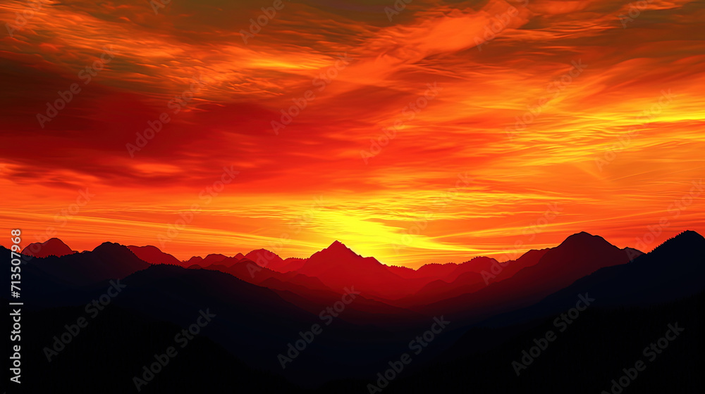 The orange and red stripes of the sky framed the black silhouettes of the mountains, creating a dr
