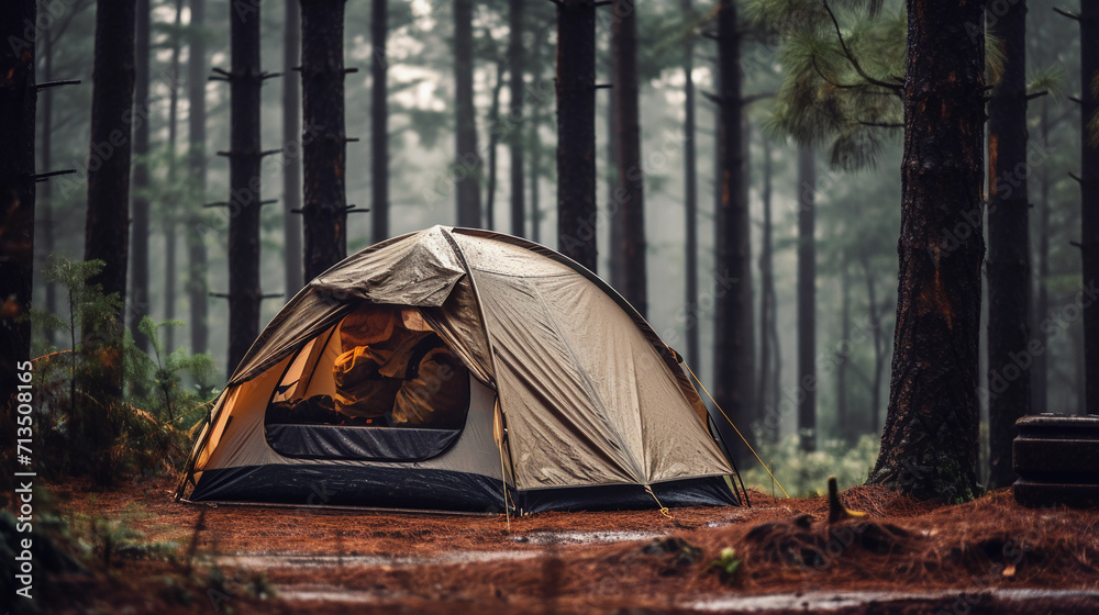 Camping tent in wet pine forest