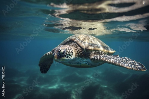 a turtle swimming in the ocean with its head above water and its back end submerged, with head above waterline. Generative AI photo