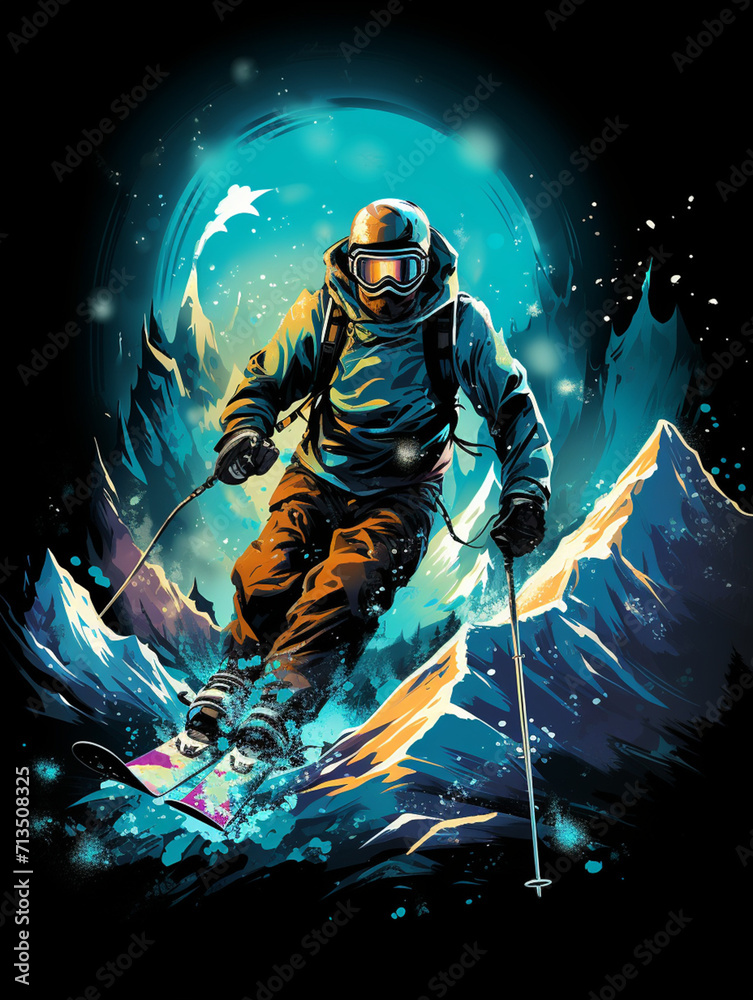 Fototapeta premium T-shirt design, Handsome boy skiing with snow mountains, illustration style created with Generative Ai