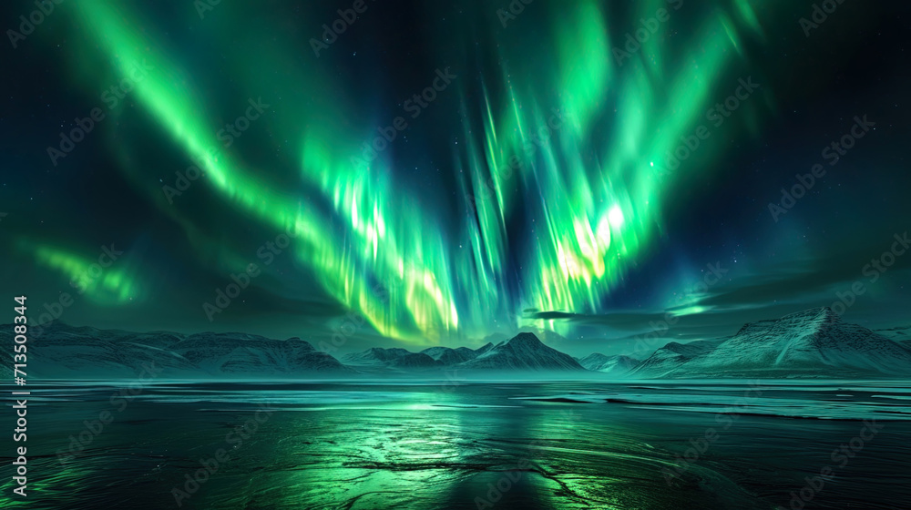The rays of the light of the northern lights scatter in the night dark sky, creating a mystical at