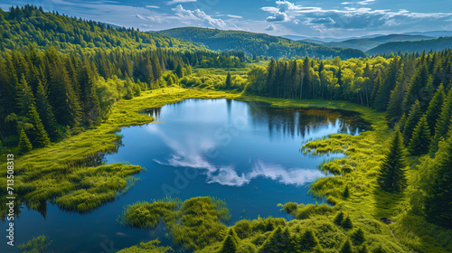 The photo opens a magnificent lake surrounded by green forests, as if nature has created its own a