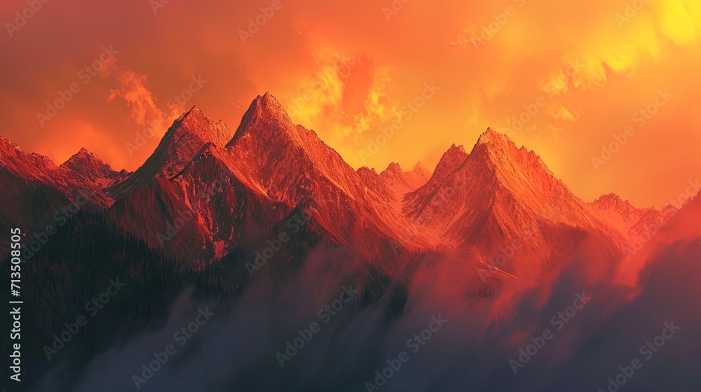 The sunset sky flows with amber and peach paints on mountain peaks, like drops of light - obrazy, fototapety, plakaty 