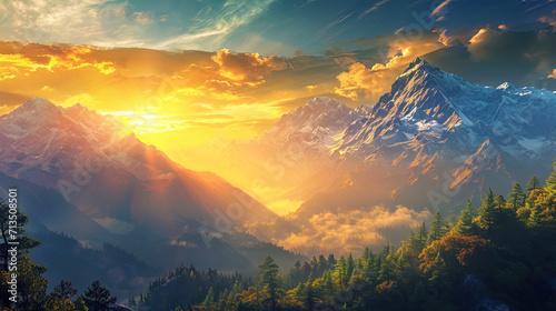 The sunset collapses its light on the mountains, like golden cascades, creating an incredible sigh photo