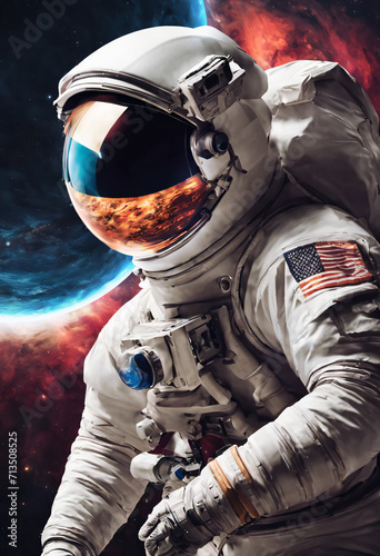 astronaut close-up in space around the planet.digital space art. Ai 