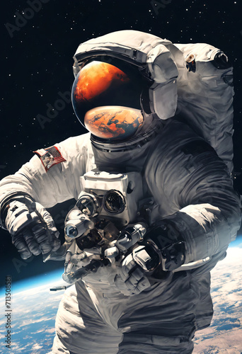 astronaut close-up in space around the planet.digital space art. Ai 