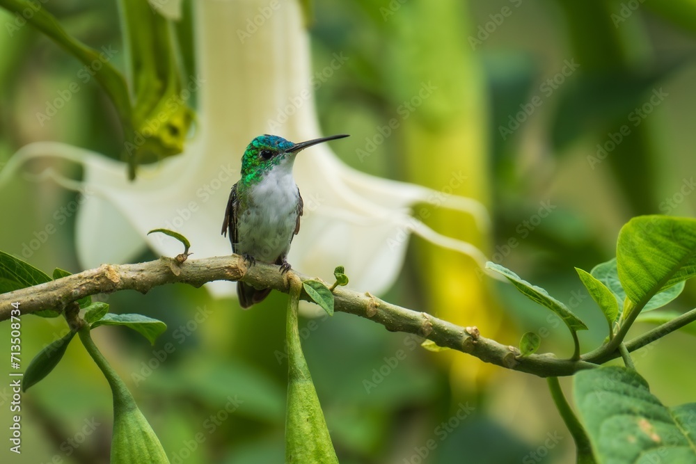 Fototapeta premium The Andean emerald (Uranomitra franciae), hummingbird, green and white bird found at forest edge, woodland, gardens and scrub in the Andes of Colombia, Ecuador.