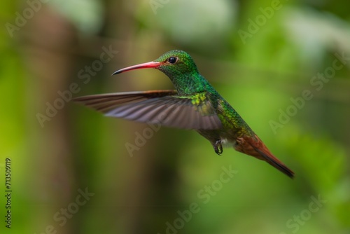 Rufous-tailed hummingbird (Amazilia tzacatl) flying to pick up nectar from a beautiful flower . Action wildlife scene from nature.